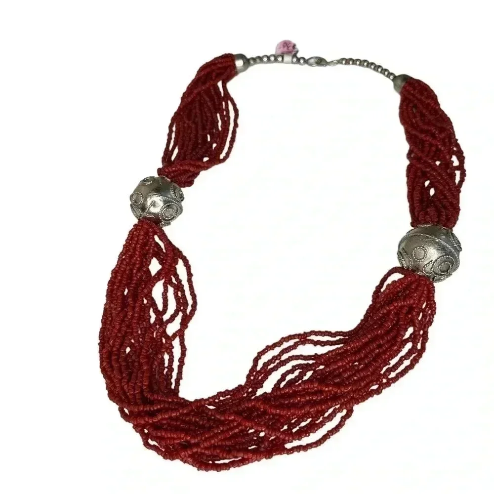 Coral beads beaded necklace red silver unique bulky layered women’s jewelry